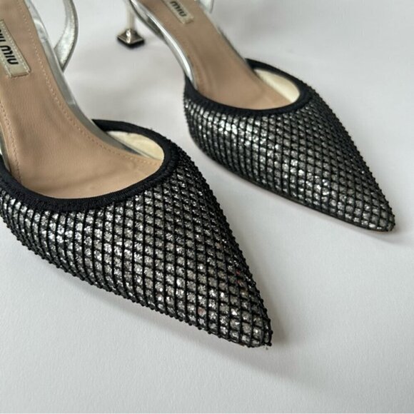 Rare Miu Miu Silver Mesh Black Glitter Kitten Heel sz 7.5 - Picture 6 of 11